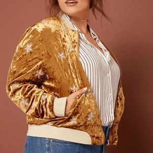 F21, Velvet Embroidered Bomber Jacket, Gold, 0X